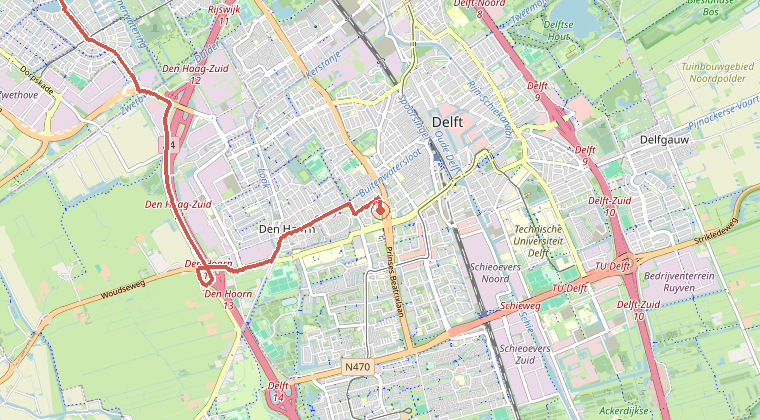 Kaart van de omgeving van de melding, met de kazerne die is gealarmeerd