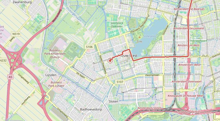 Kaart van de omgeving van de melding, met de kazerne die is gealarmeerd