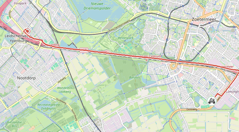 Kaart van de omgeving van de melding, met de kazerne die is gealarmeerd