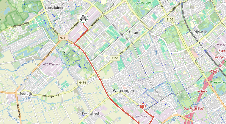 Kaart van de omgeving van de melding, met de kazerne die is gealarmeerd