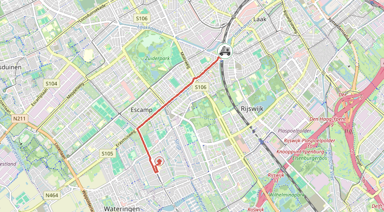 Kaart van de omgeving van de melding, met de kazerne die is gealarmeerd