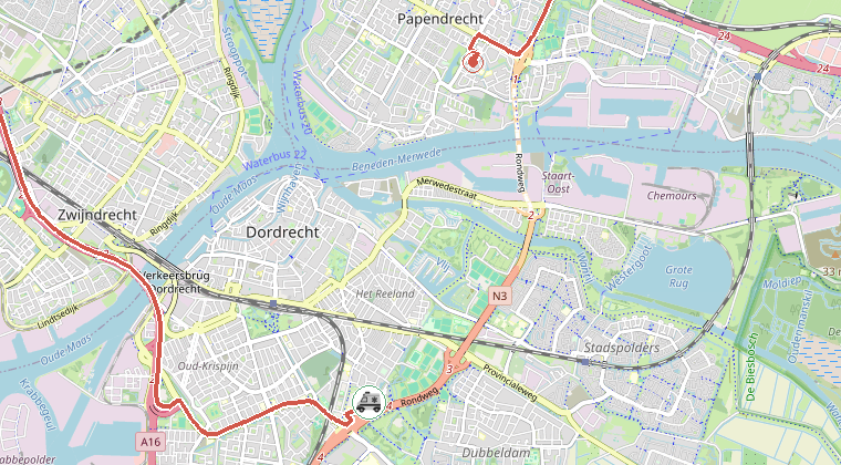Kaart van de omgeving van de melding, met de kazerne die is gealarmeerd