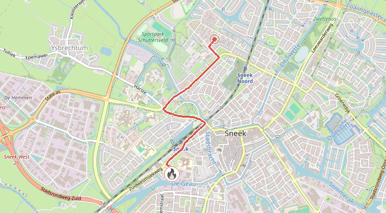 Kaart van de omgeving van de melding, met de kazerne die is gealarmeerd