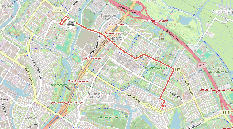 Kaart van de omgeving van de melding, met de kazerne die is gealarmeerd