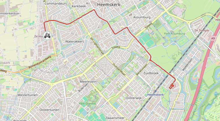 Kaart van de omgeving van de melding, met de kazerne die is gealarmeerd