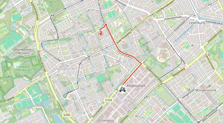Kaart van de omgeving van de melding, met de kazerne die is gealarmeerd