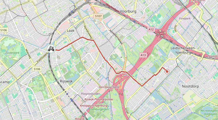 Kaart van de omgeving van de melding, met de kazerne die is gealarmeerd