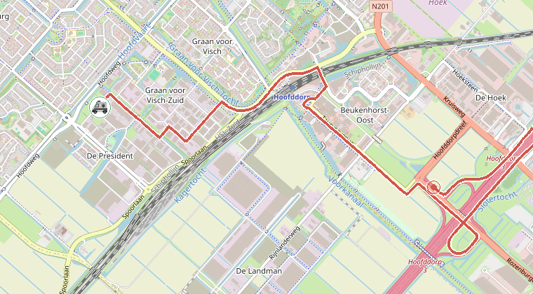 Kaart van de omgeving van de melding, met de kazerne die is gealarmeerd