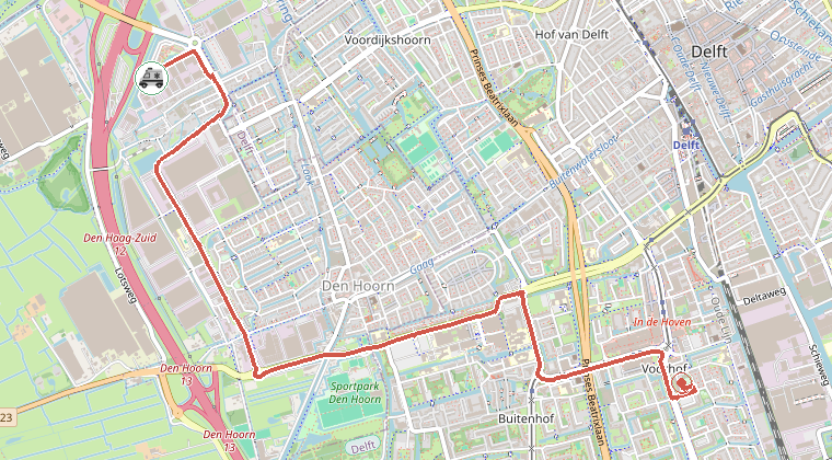 Kaart van de omgeving van de melding, met de kazerne die is gealarmeerd