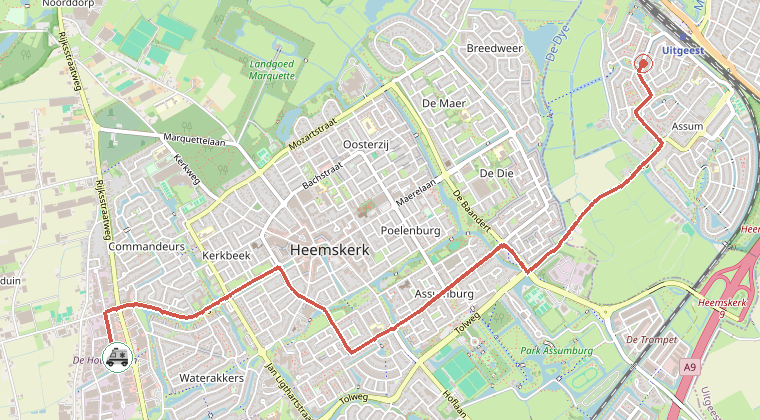 Kaart van de omgeving van de melding, met de kazerne die is gealarmeerd