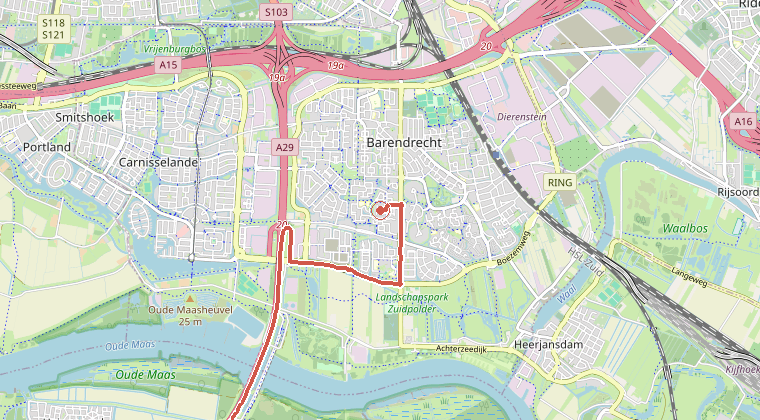 Kaart van de omgeving van de melding, met de kazerne die is gealarmeerd