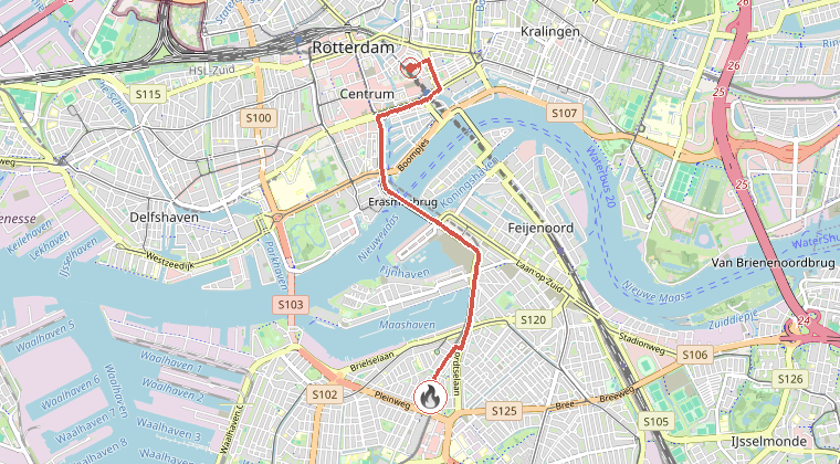Kaart van de omgeving van de melding, met de kazerne die is gealarmeerd
