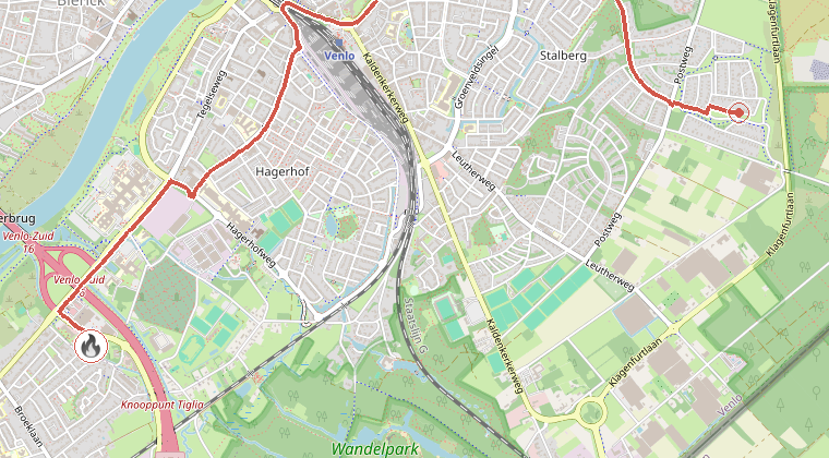 Kaart van de omgeving van de melding, met de kazerne die is gealarmeerd