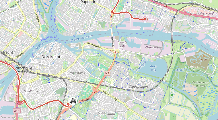 Kaart van de omgeving van de melding, met de kazerne die is gealarmeerd