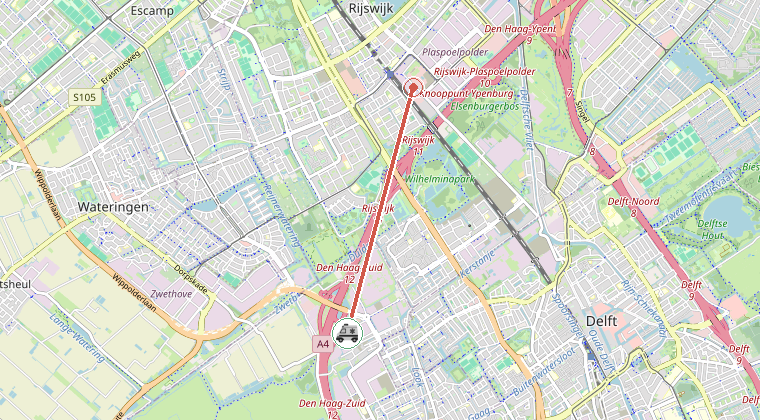 Kaart van de omgeving van de melding, met de kazerne die is gealarmeerd