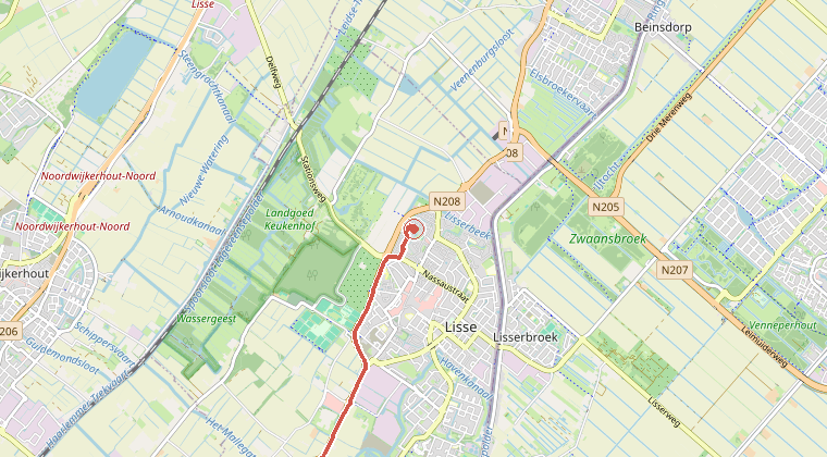 Kaart van de omgeving van de melding, met de kazerne die is gealarmeerd
