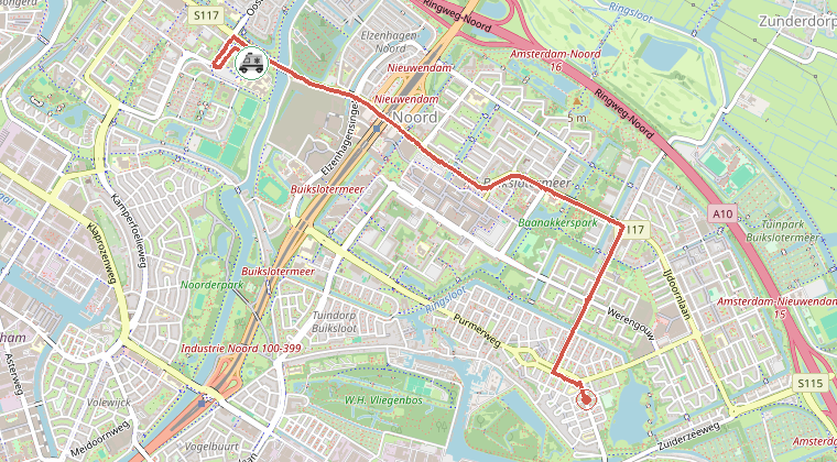 Kaart van de omgeving van de melding, met de kazerne die is gealarmeerd