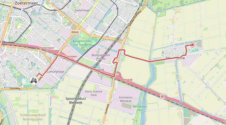 Kaart van de omgeving van de melding, met de kazerne die is gealarmeerd