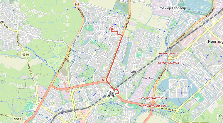 Kaart van de omgeving van de melding, met de kazerne die is gealarmeerd