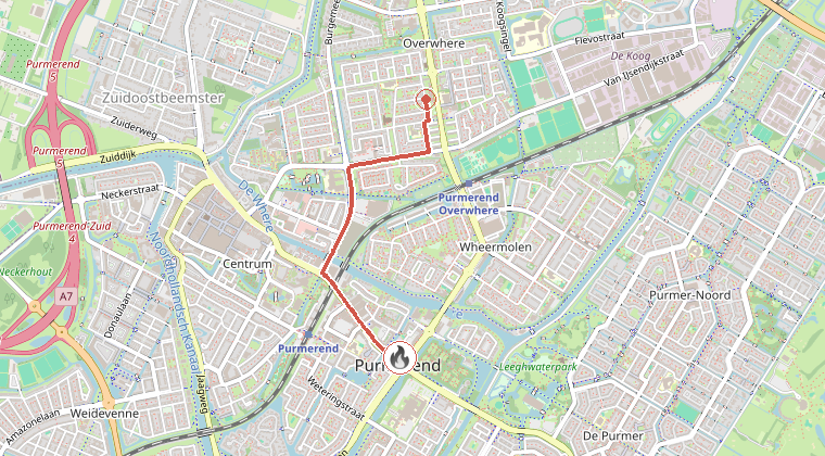 Kaart van de omgeving van de melding, met de kazerne die is gealarmeerd