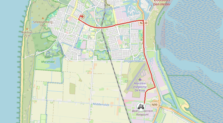 Kaart van de omgeving van de melding, met de kazerne die is gealarmeerd