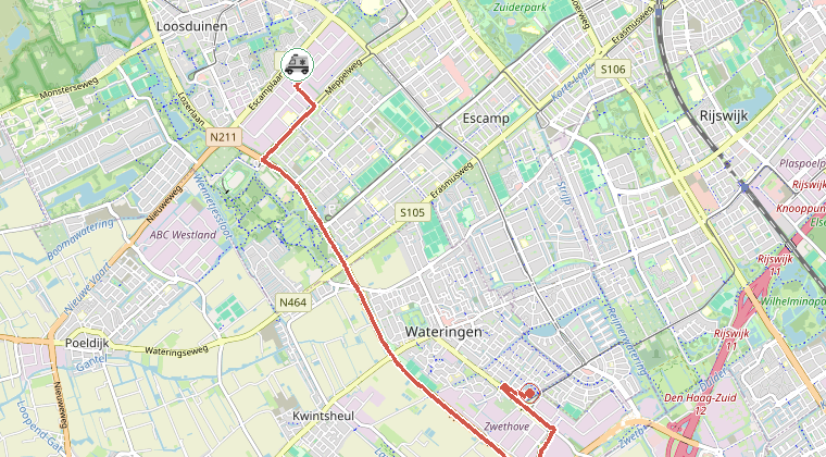 Kaart van de omgeving van de melding, met de kazerne die is gealarmeerd