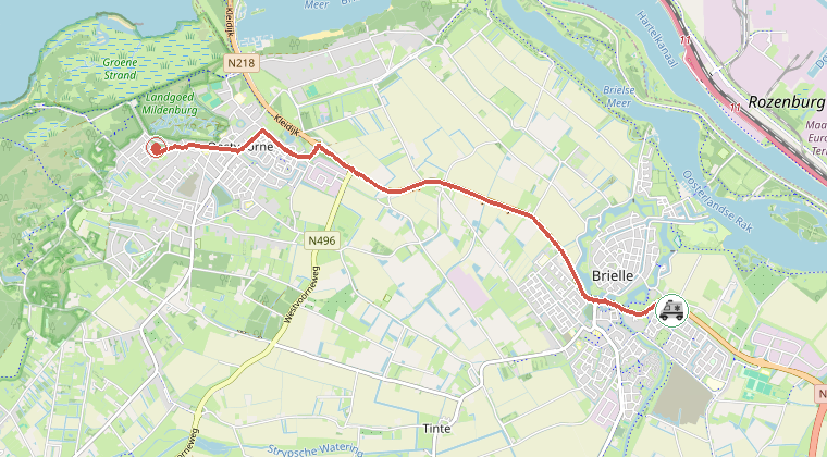Kaart van de omgeving van de melding, met de kazerne die is gealarmeerd