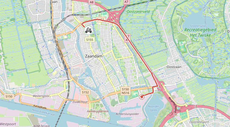 Kaart van de omgeving van de melding, met de kazerne die is gealarmeerd