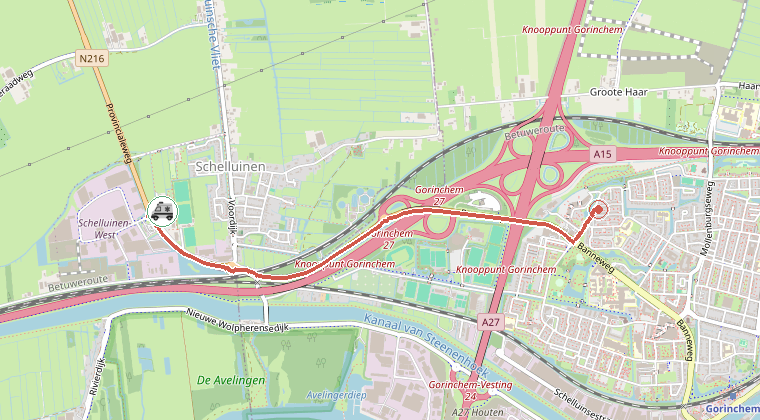 Kaart van de omgeving van de melding, met de kazerne die is gealarmeerd