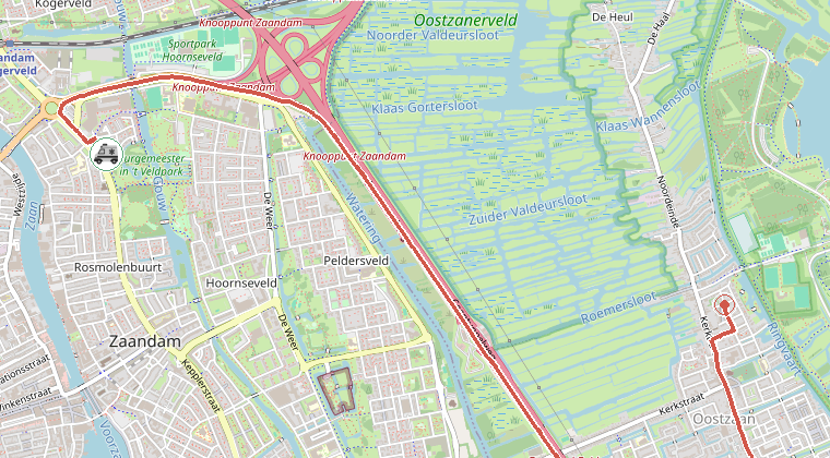 Kaart van de omgeving van de melding, met de kazerne die is gealarmeerd