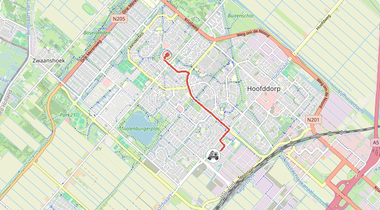 Kaart van de omgeving van de melding, met de kazerne die is gealarmeerd