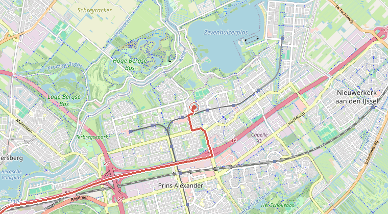 Kaart van de omgeving van de melding, met de kazerne die is gealarmeerd