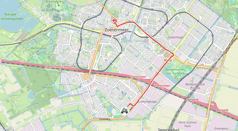 Kaart van de omgeving van de melding, met de kazerne die is gealarmeerd