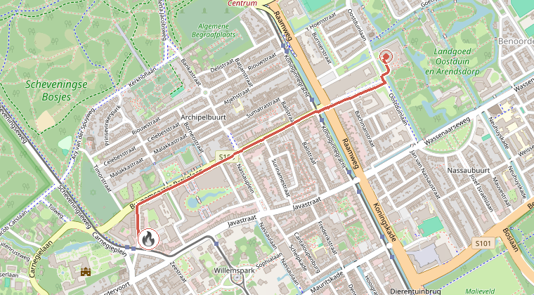 Kaart van de omgeving van de melding, met de kazerne die is gealarmeerd