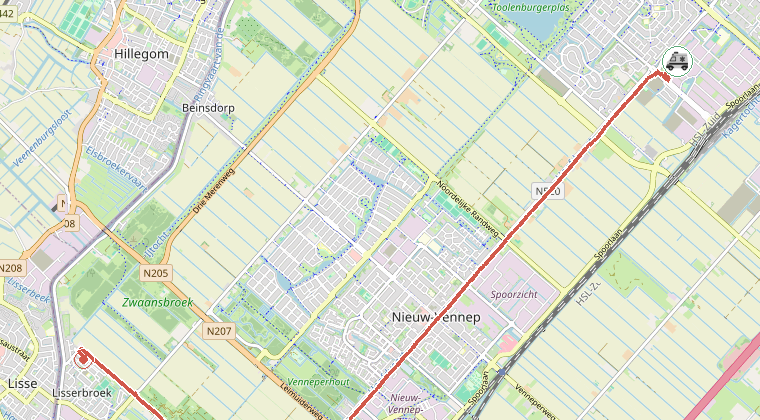 Kaart van de omgeving van de melding, met de kazerne die is gealarmeerd