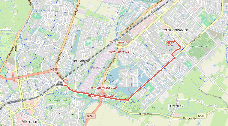 Kaart van de omgeving van de melding, met de kazerne die is gealarmeerd