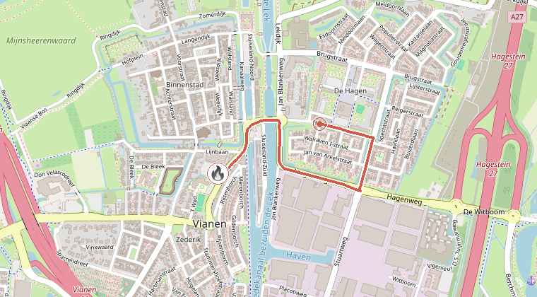 Kaart van de omgeving van de melding, met de kazerne die is gealarmeerd