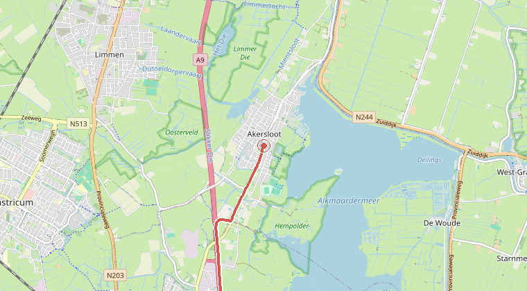 Kaart van de omgeving van de melding, met de kazerne die is gealarmeerd