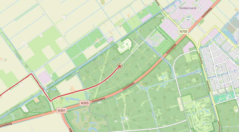 Kaart van de omgeving van de melding, met de kazerne die is gealarmeerd