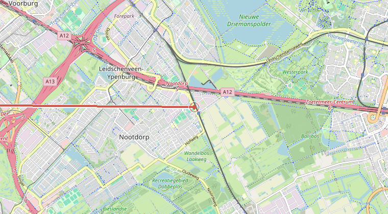 Kaart van de omgeving van de melding, met de kazerne die is gealarmeerd