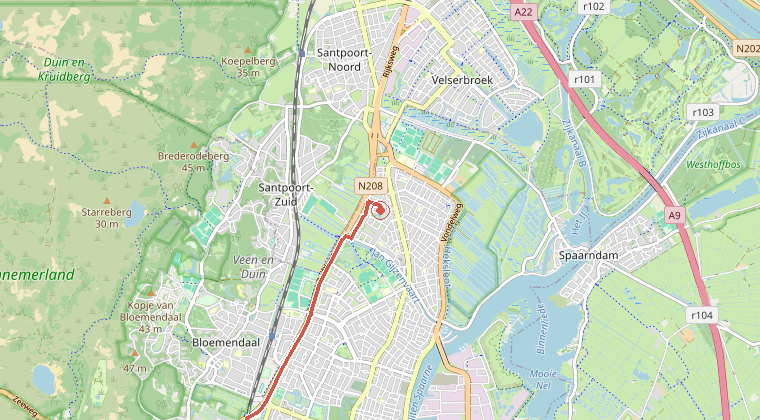 Kaart van de omgeving van de melding, met de kazerne die is gealarmeerd
