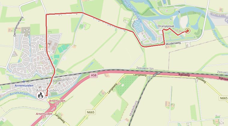 Kaart van de omgeving van de melding, met de kazerne die is gealarmeerd