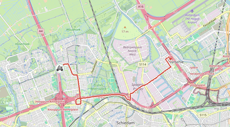 Kaart van de omgeving van de melding, met de kazerne die is gealarmeerd