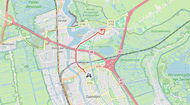 Kaart van de omgeving van de melding, met de kazerne die is gealarmeerd