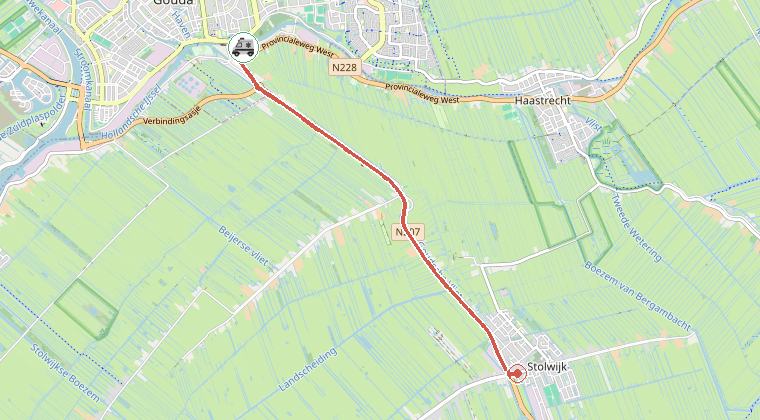 Kaart van de omgeving van de melding, met de kazerne die is gealarmeerd