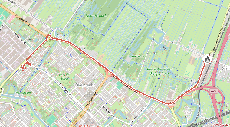 Kaart van de omgeving van de melding, met de kazerne die is gealarmeerd