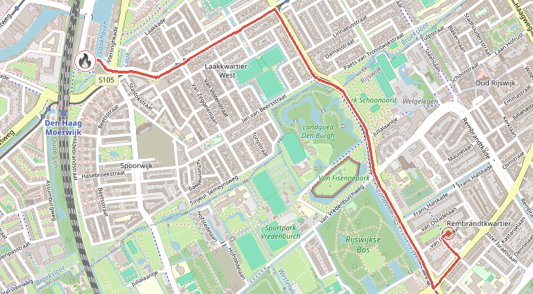 Kaart van de omgeving van de melding, met de kazerne die is gealarmeerd