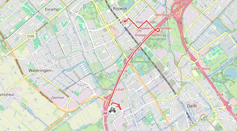 Kaart van de omgeving van de melding, met de kazerne die is gealarmeerd