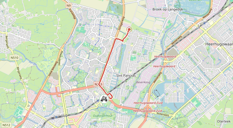 Kaart van de omgeving van de melding, met de kazerne die is gealarmeerd