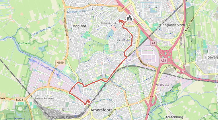 Kaart van de omgeving van de melding, met de kazerne die is gealarmeerd